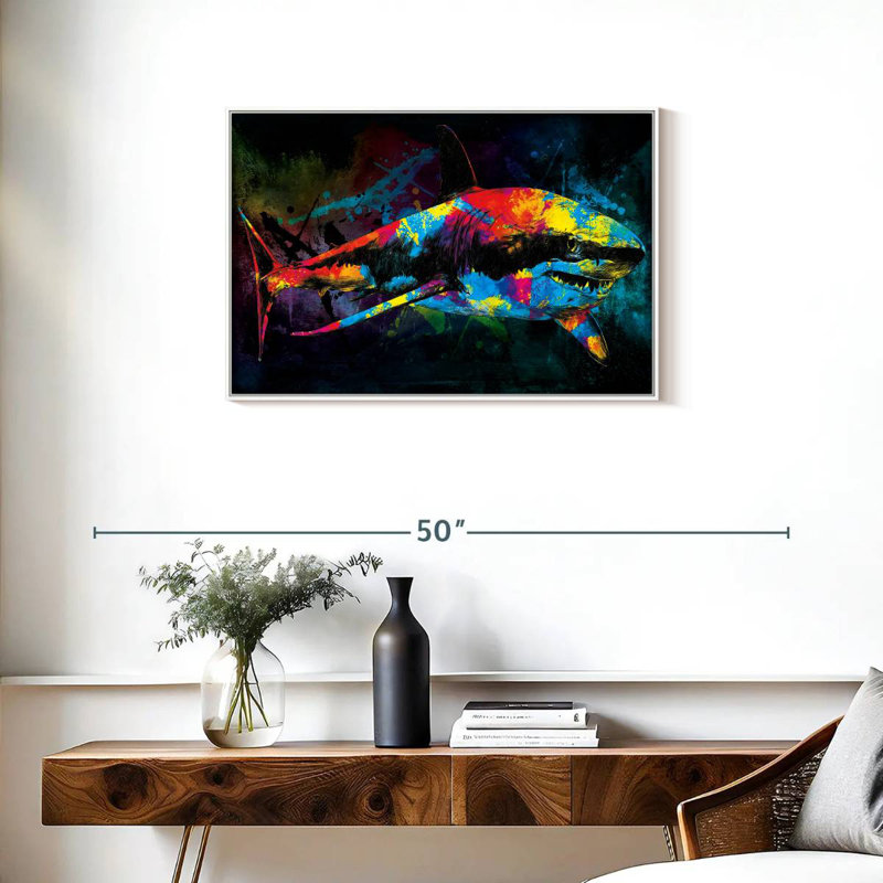 Grand requin blanc couleur grunge, Cadre flottant blanc, 31 po x 21 po