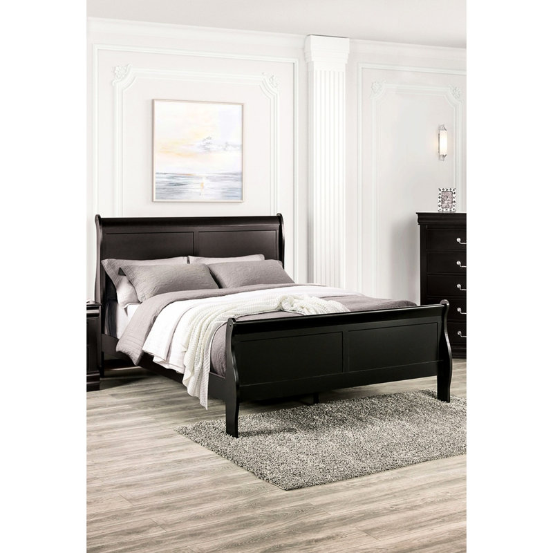 Lit noir de taille grand lit, style transitionnel, cadre en bois massif pour la chambre à coucher, tiroir anglais, preuve, fondation de taille contemporaine requise avec design, bois, étui de preuve, nécessite