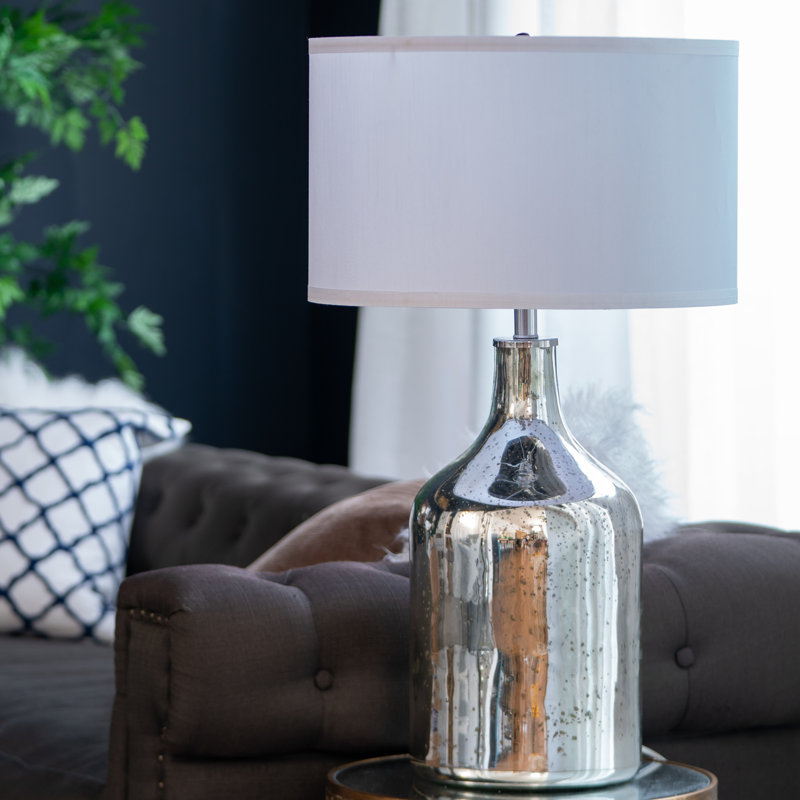 Lampe de table ronde argentée avec abat-jour en tissu blanc (ampoule non incluse)