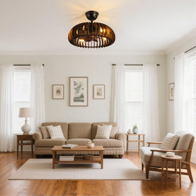 Plafonnier en bois de 19 po avec abat-jour en bois fabriqué à la main pour un couloir de chambre à coucher, lustre en bois 4 lumières, 3 pales en ABS