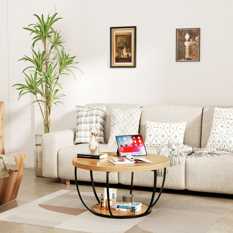 Table basse ronde de 31,5 po avec rangement à 2 niveaux pour le salon, facile à nettoyer et à utiliser dans la cuisine