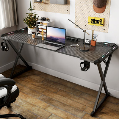 63 Inch Fiber Surface Gaming Desk with LED Lights, Computer Gaming Desk Table with Cup Holder Headphone Hook Mouse Pad Carbon