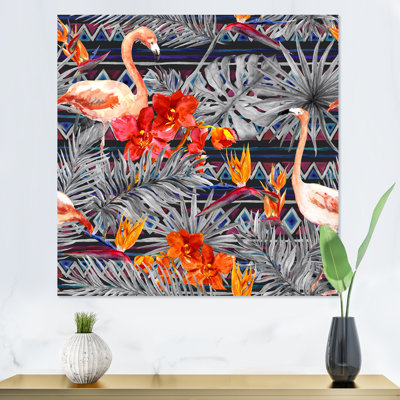 Flamant rose et fleurs exotiques oranges - peinture sur toile