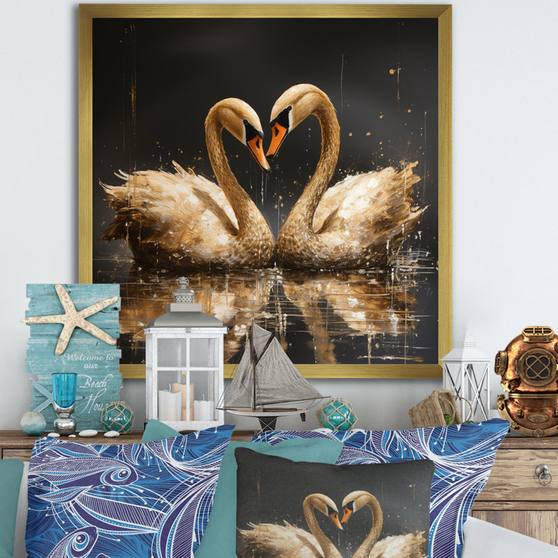 Golden Swans Wandering Pond 2 - Art mural animaux cygnes, Or, H 30 po x l 30 po