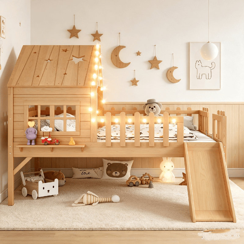 Lit mezzanine House, lit mezzanine en bois avec glissade, lumières DEL et fenêtre, lit maisonnette, lit d'enfant Playhouse, aucun sommier nécessaire, cadre de lit mezzanine Playhouse pour petite chambre d'enfant