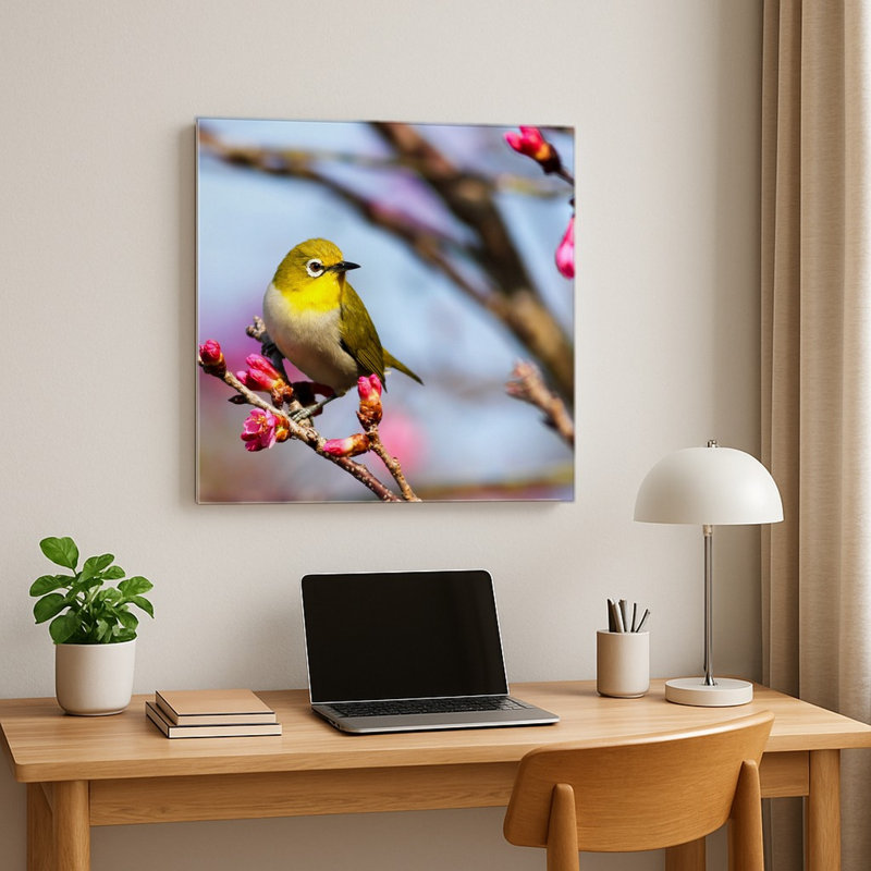 Œil-de-loup japonais sur fleurs de cerisier — Décoration murale carrée en métal, H 12 po x l 12 po