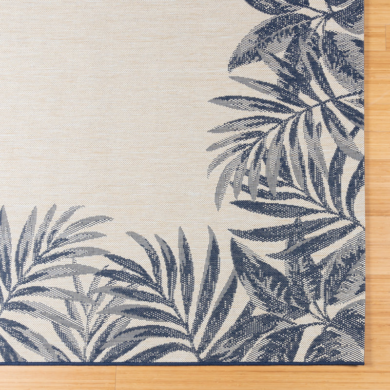 Arnaud Tropical Palm Border Navy Blue Ivory Flatweave Indoor/ Outdoor Area Rug, Rectangle 8'9" x 13'1"