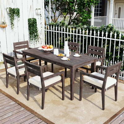 7 Pieces Acacia Wood Outdoor Dining Set With Cushions,Modern 6 Chairs And 1 Large Table, Dining Furniture Set For Lawn, Backyard, Garden Deck,Poolside