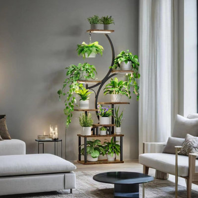Support à plantes à 8 niveaux pour l'intérieur avec plusieurs lumières de culture - support en métal de 61 po de hauteur, en forme de S, noir, installation facile, roues pour le déplacement, support réglable à 8 niveaux pour la maison et le patio, simple