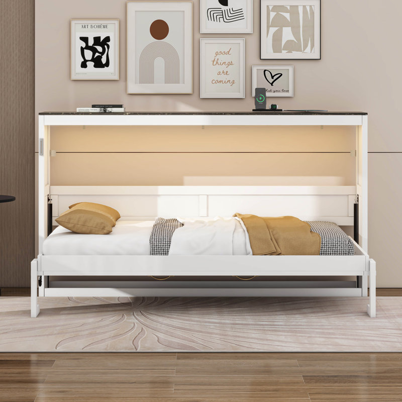 Lit escamotable simple avec lumière DEL, peut être plié dans une armoire, Blanc/brun