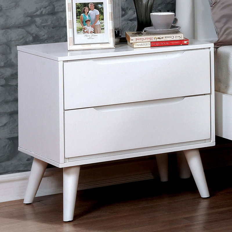 Mid-Century Modern Solid Wood Nightstand With 2-Drawers And Round Tapered Legs For Elegant Bedroom Storage, White