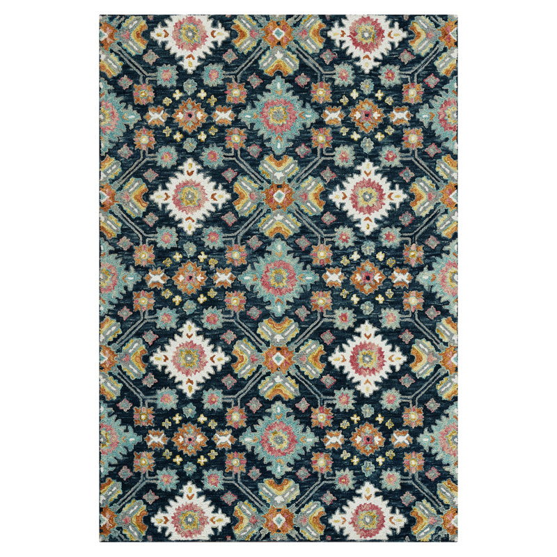 Tapis traditionnel bleu marine crocheté à la main Tricity, Rectangle 5 pi x 7 pi 6 po