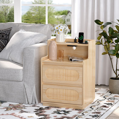 Washed White Nightstand With 2 Drawers, Shelf & US Power Outlet