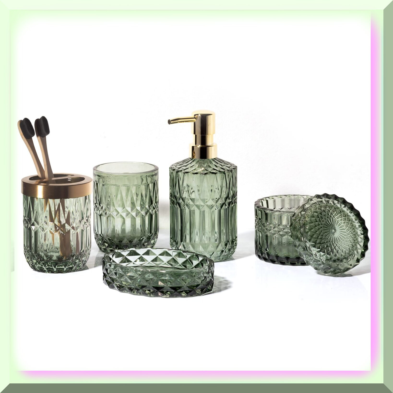 Everly Quinn Crystal Clear Green Bathroom Essentials Set - Includes ...