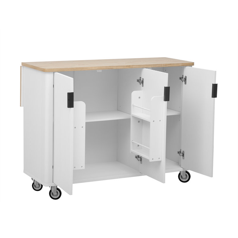 51" Fluted Kitchen Island With Drop Leaf, Rolling Farmhouse Kitchen Cart With Wheels, Internal Storage Rack & Towel Bar, White Ash