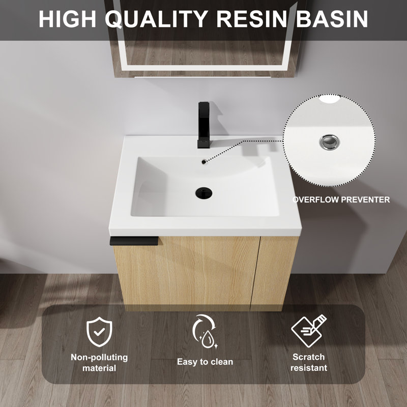 Meuble-lavabo mural 24 po avec tablettes de rangement latérales et lavabo | Chêne et chêne blanc américain, Chêne