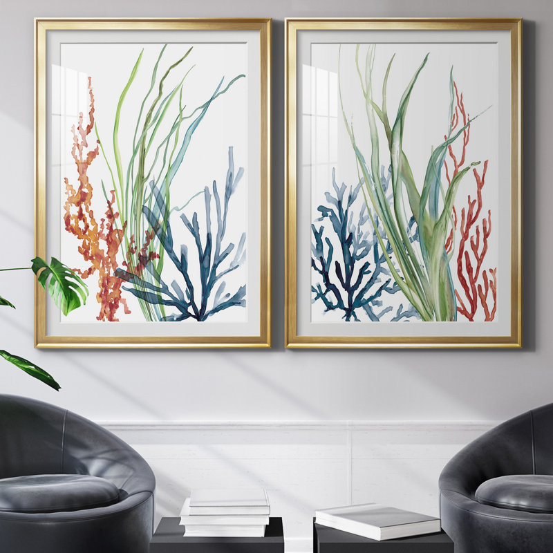 Océan jardin I - ensemble de 2 reproductions d'art encadrées, H 18,5 po x l 49 po, Impression encadrée avec passe-partout