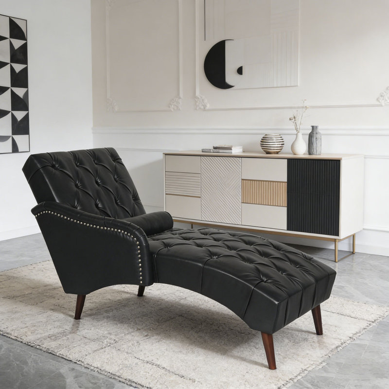 Chaise Lounge Arm Chair Indoor with Pillow and Solid Wood Legs