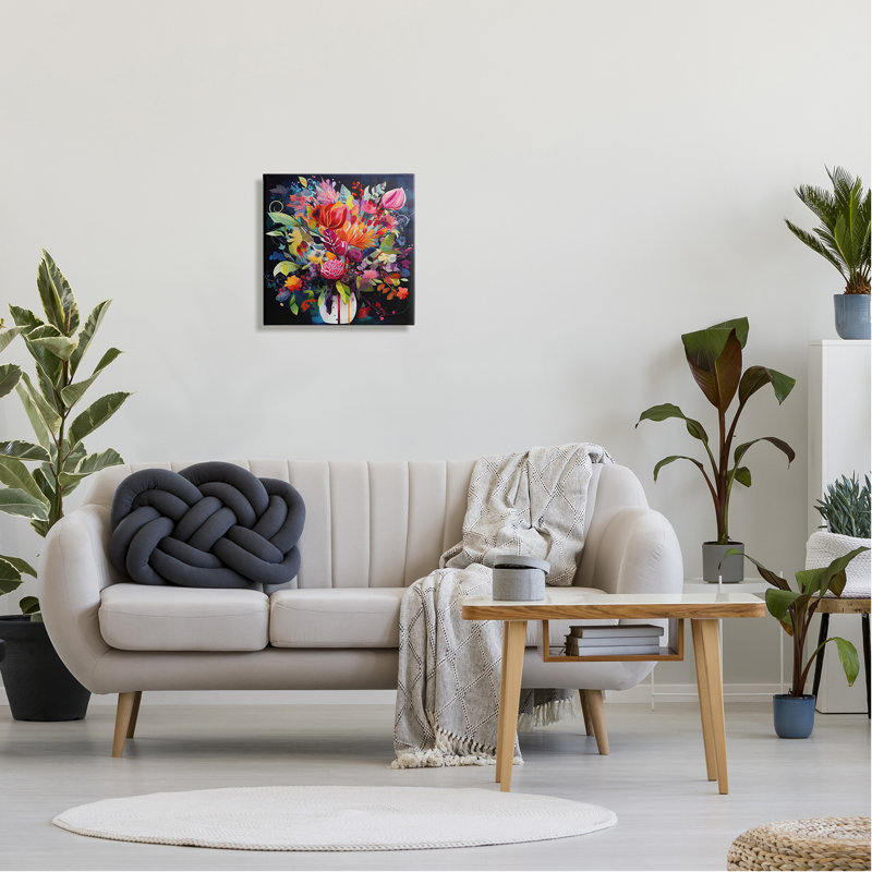 Fleurs modernes sur fond bleu sur toile, H 17 po x l 17 po x P 1,5 po