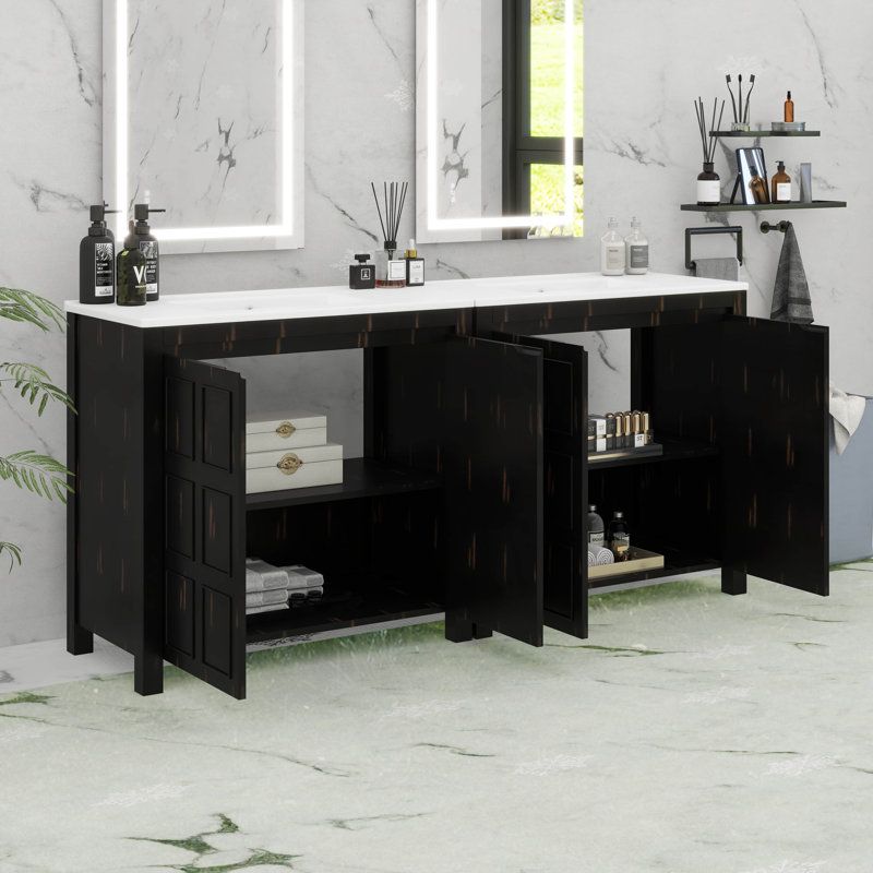 Bathroom Vanity Set With Double Vanities, Double Ceramic Sinks, Adjustable Shelf
