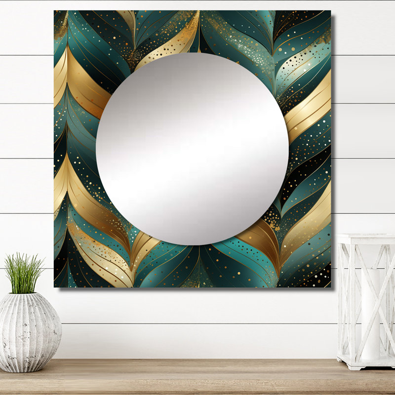 Or et vert doré rêverie chevron - art moderne carré de miroir mural de salon, 23 po x 23 po