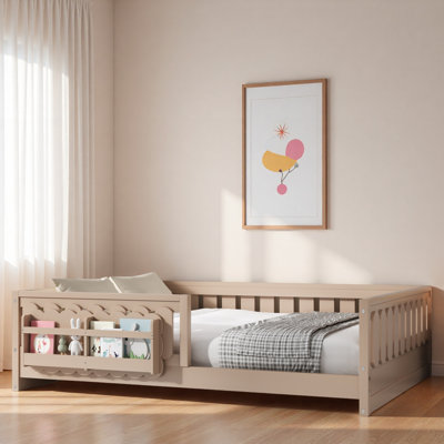 Wood Platform Bed With Guardrail And Storage Shelves
