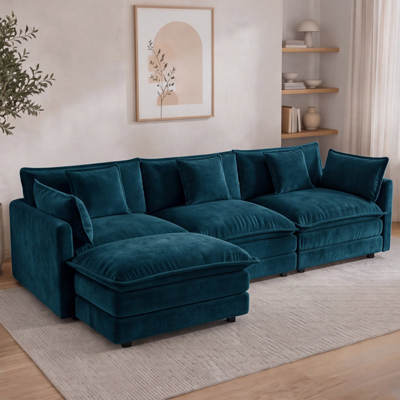 Canapé modulaire en chenille de L 104 po avec repose-pieds réversible, Chenille bleu, H 34,6 po x l 104 po x P 32,6 po