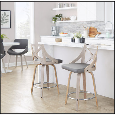 Tabouret de comptoir à hauteur fixe avec pivot en bois gris clair et similicuir gris avec repose-pieds rond en métal chromé - ensemble de 2