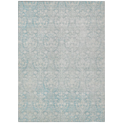 9' X 12' Aqua Damask Washable Indoor Outdoor Area Rug