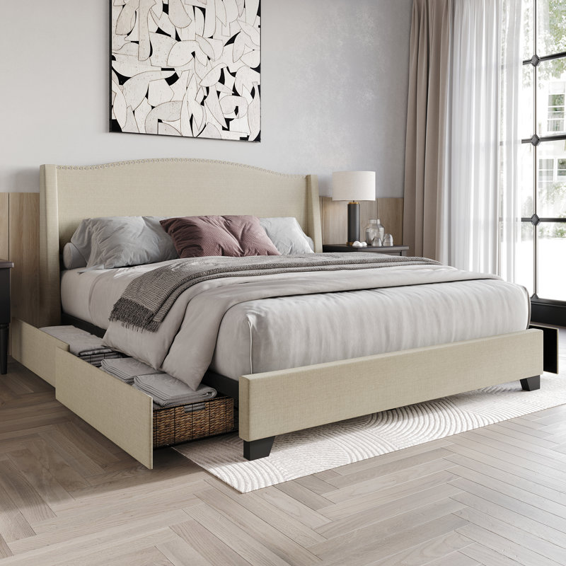 Nikrae Upholstered Wingback Storage Bed, Beige, Queen