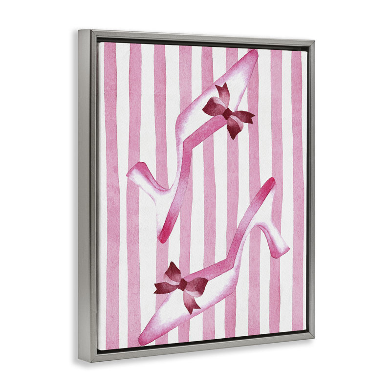 Bow Heels sur un cadre flottant à rayures roses, design par Camila Juncos, H 21 po x l 17 po, Cadre flottant gris lustré