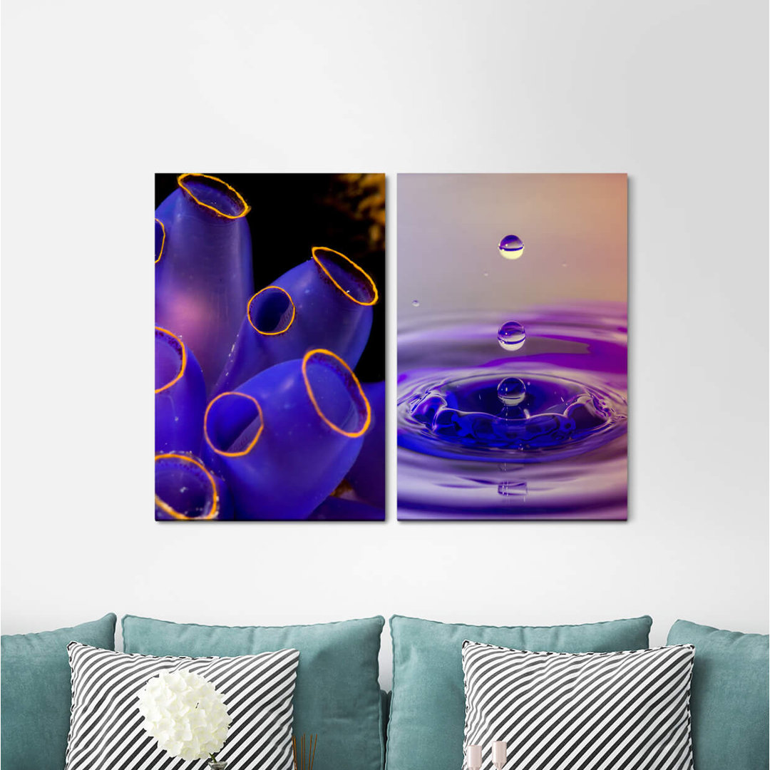 2-tlg. Leinwandbilder-Set - Fotografie „Coral Blue Underwater Water Drops Slow Motion Snapshot”