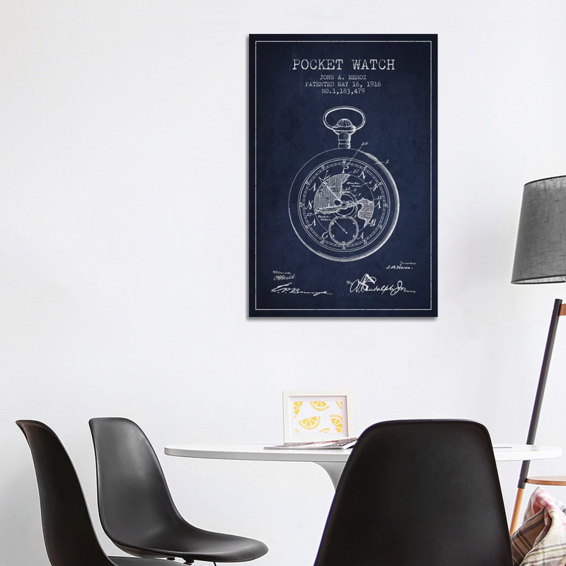 John A. Meroz Pocket Watch Pattern Sketch (Navy Blue) by Aged Pixel - Wrapped Canvas Print, 20.32 cm H x 30.48 cm W