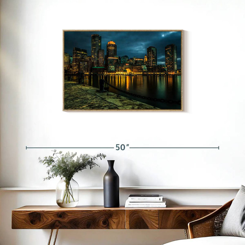 Silhouette de Boston la nuit, 31 po x 21 po, Cadre flottant en bois naturel