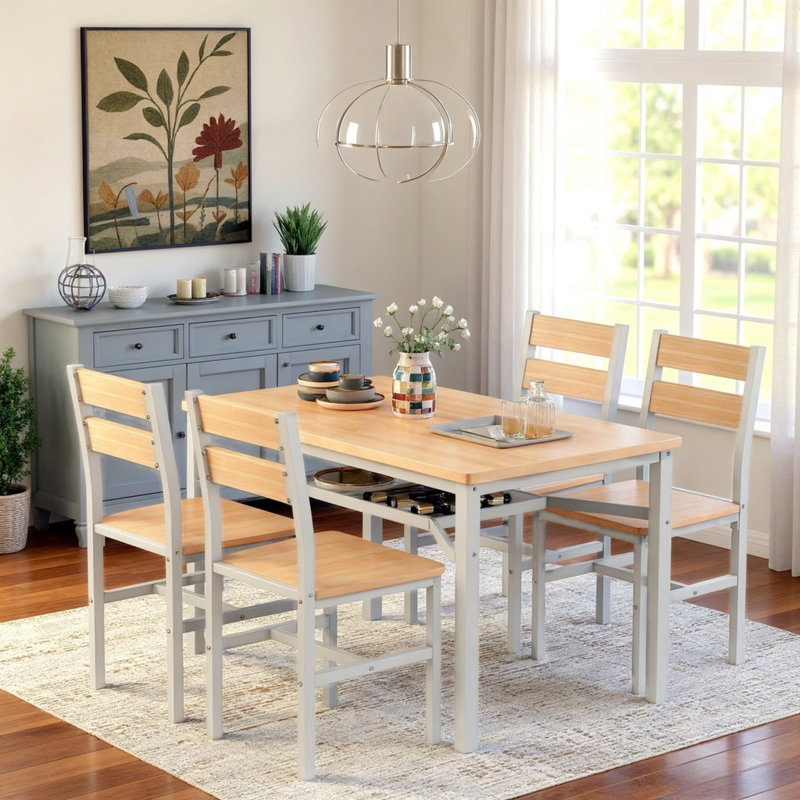  5-Piece Dining Table Set For 4 With Storage Rack, Farmhouse Wood Kitchen Table & Chairs Set With Metal Frame, Dining Room Table With 4 Curved Chairs For Breakfast Nook, Apartment