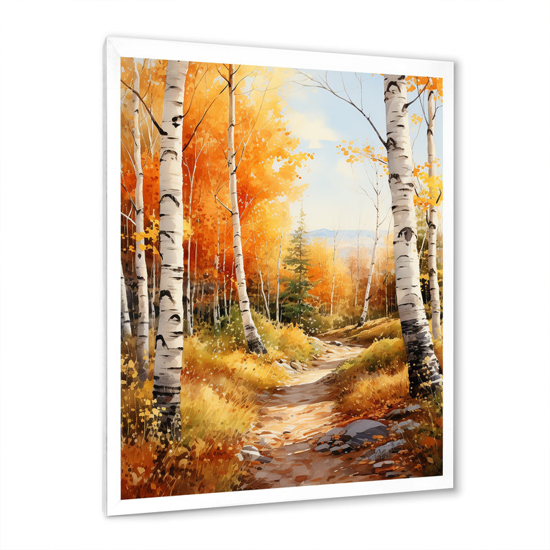 " Birch Woods Autumn Sonata III ", 44" H x 34" W x 1.5" D, White Picture Framed