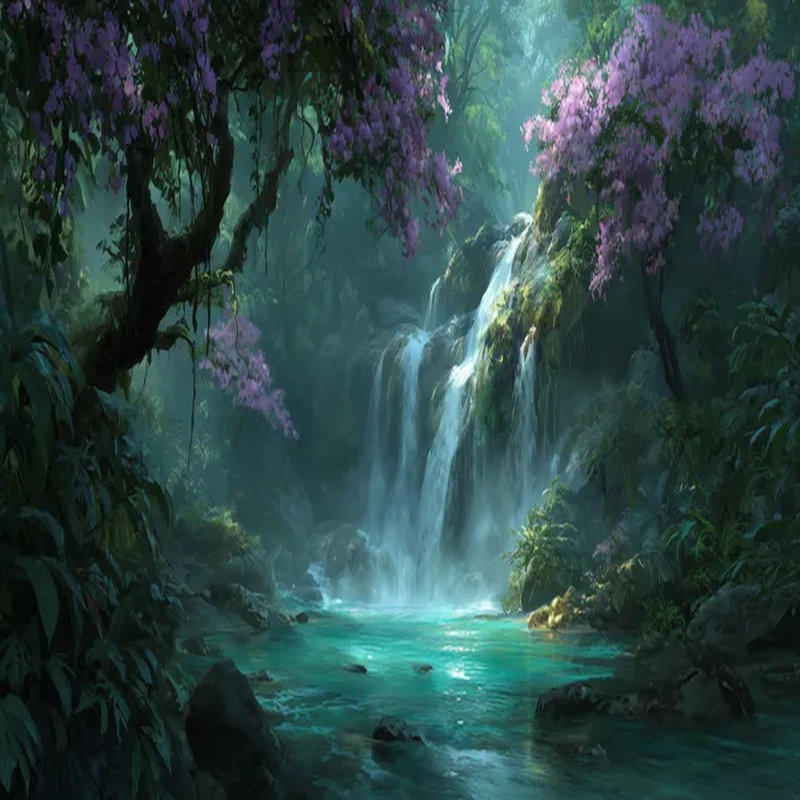 Murale forêt cascade émeraude enchantée, L 114 po x l 204 po