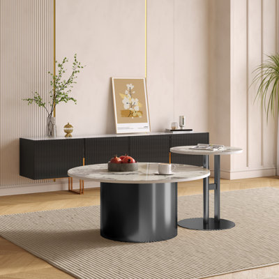 2 - Piece Living Room Table Set, Modern Round Coffee Table Set with Stainless Steel Base