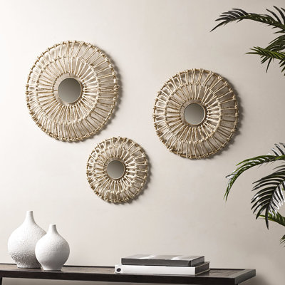 Ensemble de 3 décorations murales rondes en fibre naturelle et miroir - Essentials décoratifs pour la maison 20,5 po, 17,25 po, 13,25 po diamètre