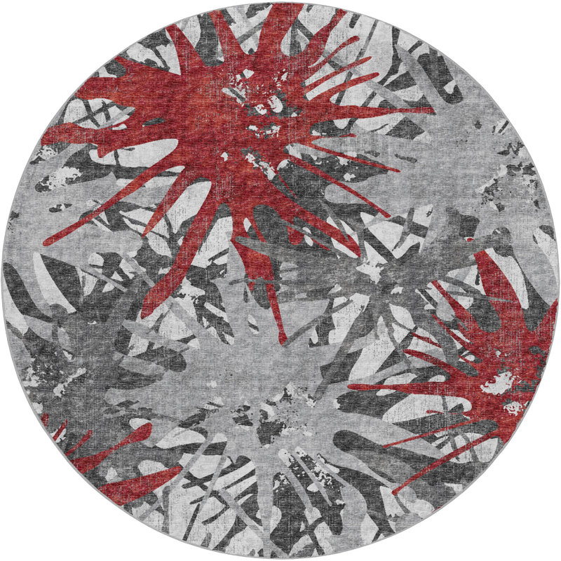 Tapis tropical à poil long de qualité supérieure lavable à la machine ADS77, Rouge, Rond 8 pi