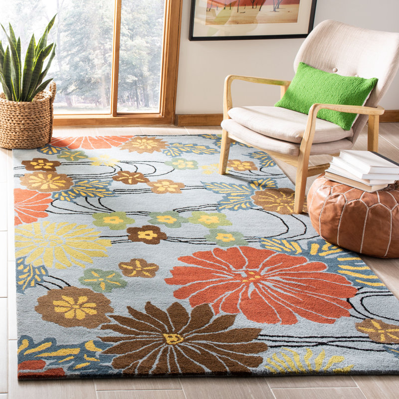 Tapis bleu / multicolore touffeté à la main Carolette, Rectangle 8 pi 3 po x 11 pi
