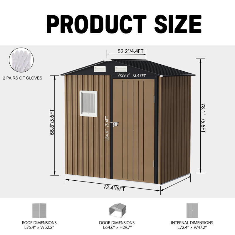 6 Ft. W X 4 Ft. D Outdoor Metal Storage Shed, Brown