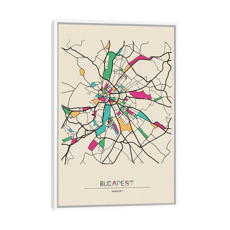 Budapest, Hungary Map by Ayse Deniz Akerman - Print on Canvas, 101.6 cm H x 66.04 cm W, White Floater Frame
