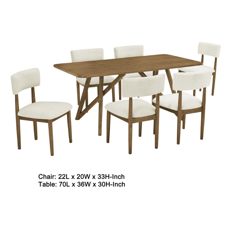 Ensemble de salle à manger 7 pièces Meny, chaises en sherpa beige, plateau en chêne noyer de 70 pouces