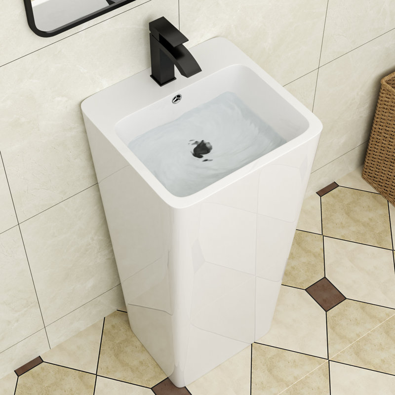 33" Tall Rectangular Ceramic Pedestal Bathroom Sink with Fauce Hole and Overflow