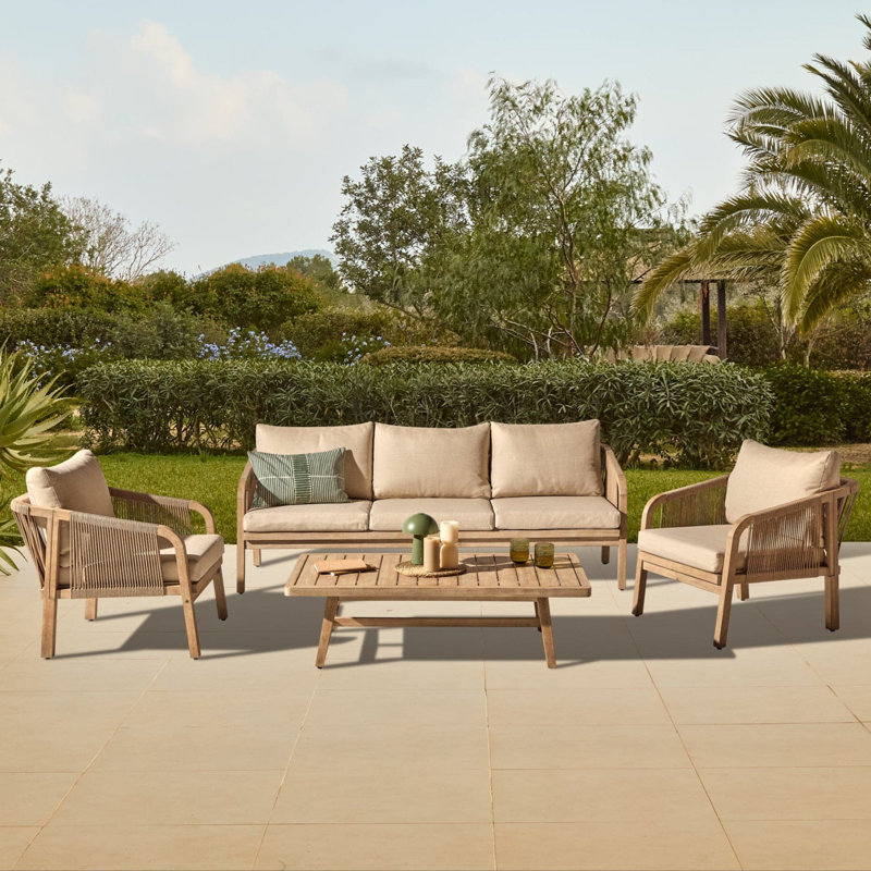 Wooden Garden Set with 3 Seater Sofa - 2 Armchairs & Coffee Table