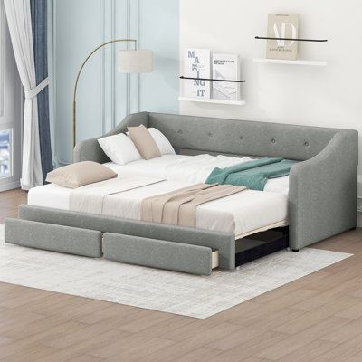 Lit de jour simple tapissier très grand avec deux tiroirs, gris