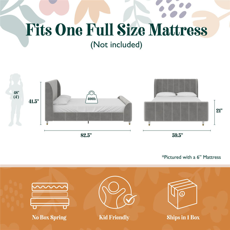Lit plateforme tapissier double Ricketts, Gris, Full/Double