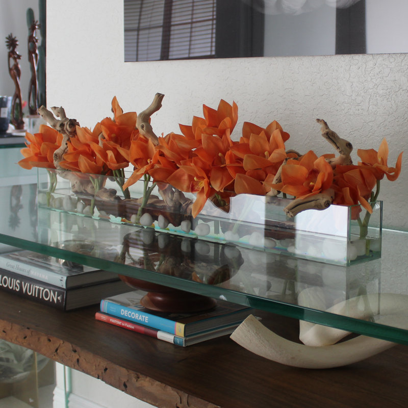 Centre de table orchidée Driftwood Cymbidium, Orange, H 8 po x l 48 po x P 6 po