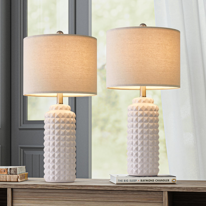 White Ceramic Table Lamps with Beige Linen Shades, Set of 2